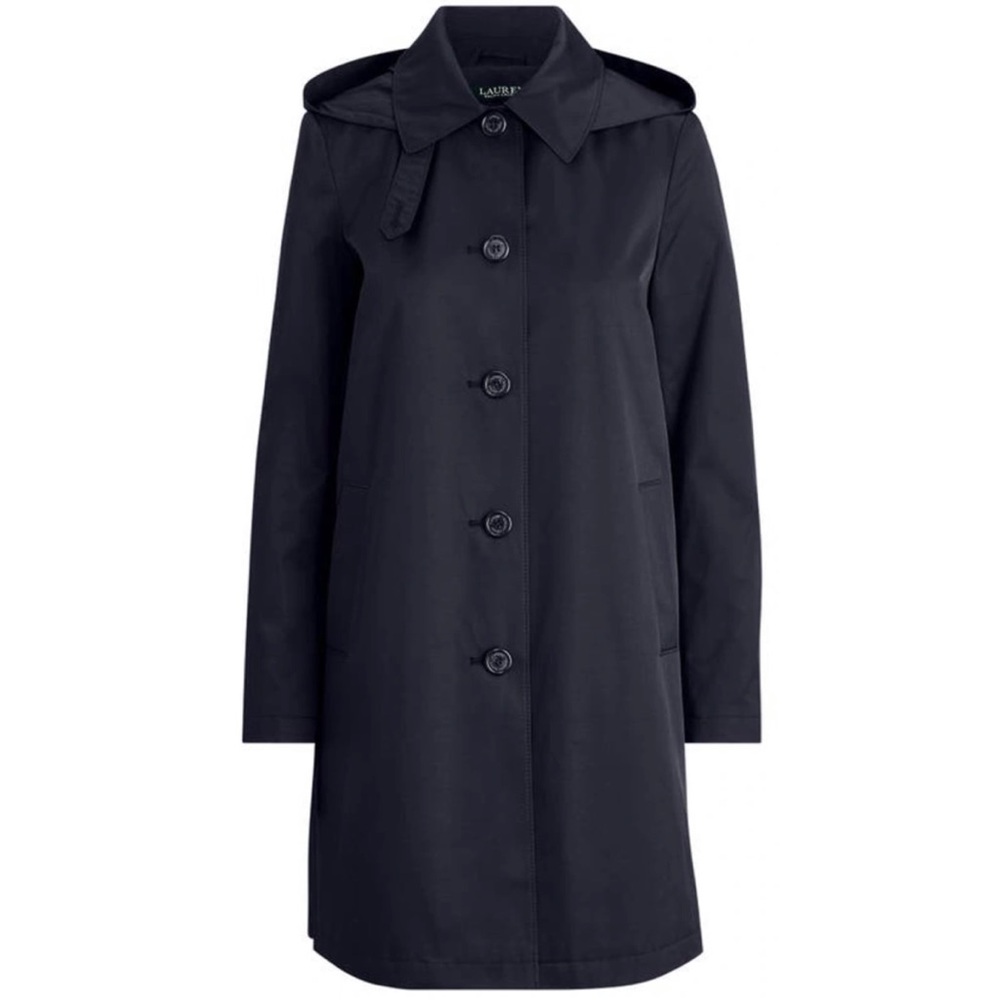 LAUREN RALPH LAUREN • Navy Blue Balmacaan Hooded Raincoat, XXS - Picture 4 of 16
